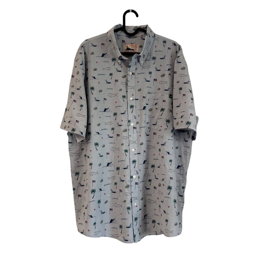 Huk Fishing Beer Boat Marlin Flag Palm Tree Print Performance Shirt Mens XL